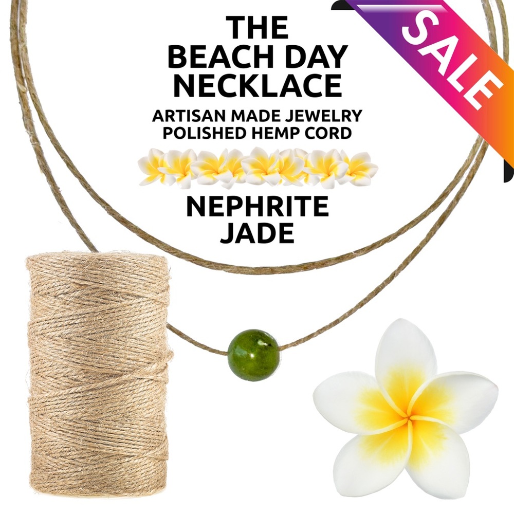Island Sunset Artisan Beach Day Hemp Necklace-Nephrite Jade Slider 6MM